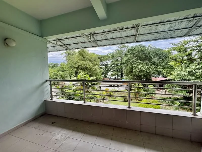 Balcony features: metal railing, tiled flooring, green painted walls, overhead metal roof, view of greenery, view of garden, outdoor space; view: garden.