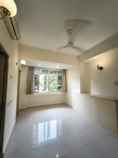 Living features: white painted walls, glossy white tile flooring, 5-blade ceiling fan, recessed downlights, wall sconce, large window with view of greenery, curtains, open layout, bar counter, air conditioning unit; style: modern; view: garden.
