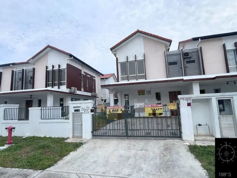 Exterior type: linked terrace house; features: white painted facade, red tiled roof, two-storey structure, front gate with intercom panel, manicured lawn, driveway with concrete surface, balconies on upper floor, security grill on windows, visible air conditioning units, fence surrounding property; style: modern.