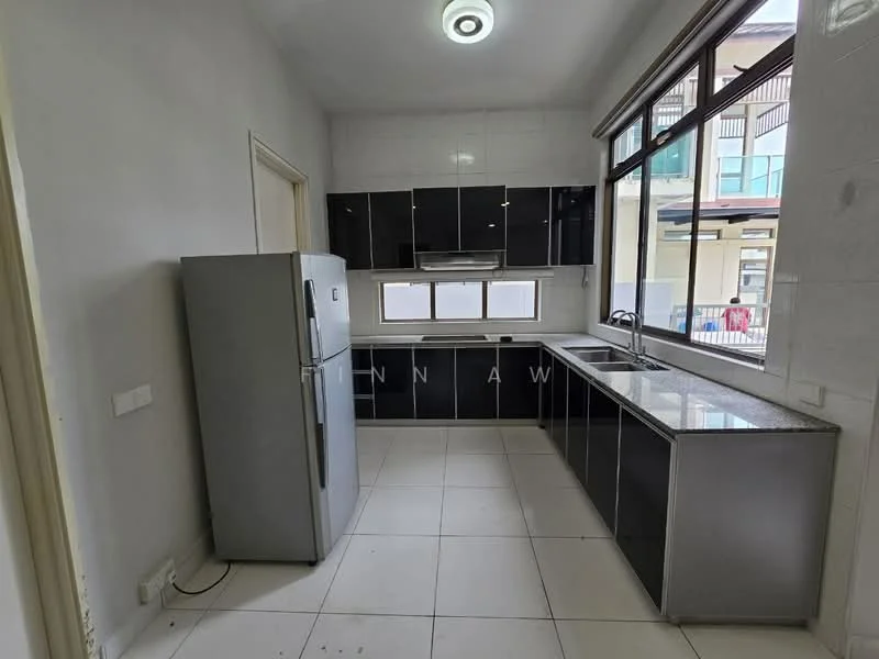 Kitchen features: black cabinetry, granite countertop, stainless-steel fridge, single-bowl stainless-steel sink, chrome pull-down faucet, window with view of exterior, white tiled flooring, ceiling light fixture; style: modern.
