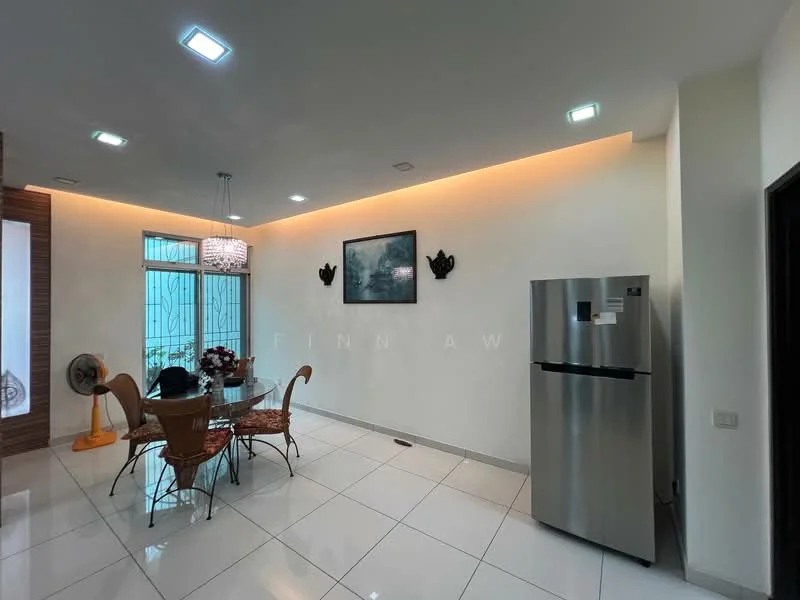 Dining features: white painted walls, glossy white tile flooring, recessed LED downlights, chandelier, round dining table, 4 wicker dining chairs, framed artwork on wall, floor-to-ceiling windows, stainless-steel fridge, ceiling fan; style: modern.