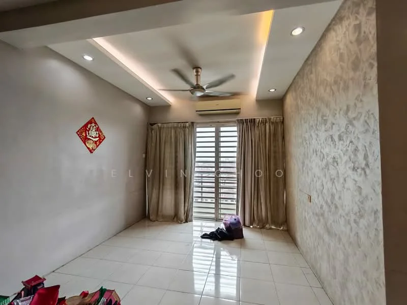Living features: white painted walls, grey accent wall, recessed downlights, 5-blade ceiling fan, floor-to-ceiling sliding glass door, sheer curtains, white tiled flooring, decorative wall paneling, air conditioning unit, area rug, decorative wall art; style: modern; view: city.