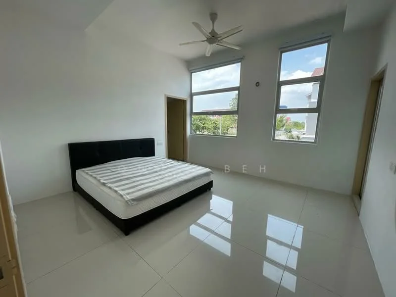 Bedroom features: king-size bed, black upholstered bed frame, white mattress, white walls, large windows, floor-to-ceiling windows, sliding door, ceiling fan, glossy tile flooring, natural light, minimalist decor; style: modern; view: garden.