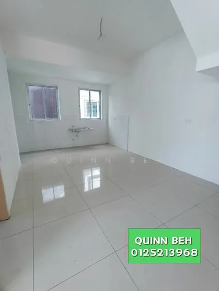 Room features: white painted walls, glossy ceramic tile flooring, two windows, single-bowl sink, plain ceiling, no visible lighting fixtures, empty space, corner wall with no features; style: modern.