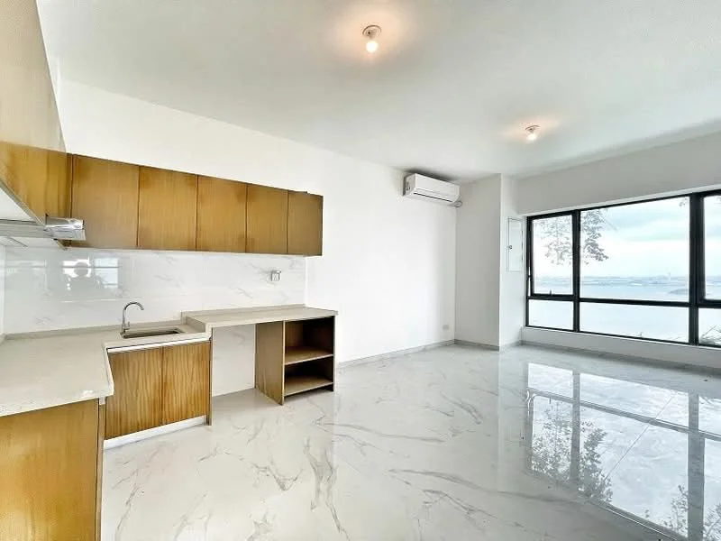 Kitchen features: marble tile flooring, white painted walls, wood cabinetry, stainless-steel sink, chrome pull-down faucet, open shelving, countertop with marble finish, built-in storage, recessed downlights, 1 wall-mounted split AC; style: modern; view: sea. Living features: marble tile flooring, white painted walls, large floor-to-ceiling windows, 1 wall-mounted split AC, natural light, open layout; style: modern; view: sea.