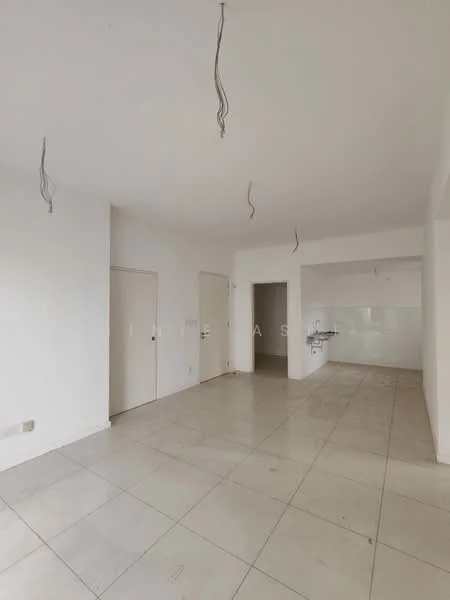 Room features: white painted walls, tile flooring, recessed ceiling lights, open layout, kitchen area visible, two doors, neutral color scheme; style: minimalist.