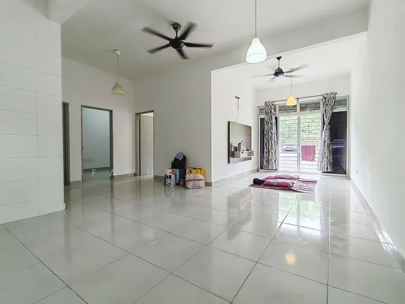 Living features: white painted walls, glossy ceramic tile flooring, 5-blade ceiling fan with light, 2 pendant lights, floor-to-ceiling windows, sliding glass door, curtains, wall-mounted TV, decorative wall panel, area rug, open layout, access to balcony; style: modern; view: garden. Room features: grey painted walls, doorway to bathroom, doorway to bedroom, empty space.