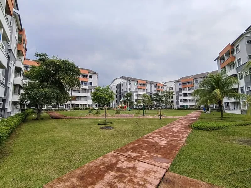Exterior type: low-rise apartment block; features: landscaped garden, manicured lawn, paved walkways, multiple residential buildings, playground area, palm trees, greenery surrounding buildings; style: modern.