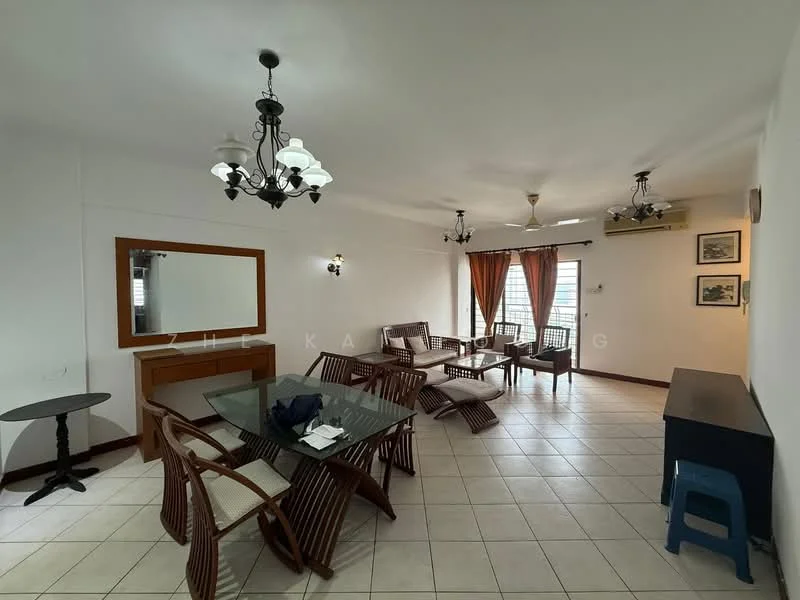 Living features: white painted walls, tile flooring, ceiling fan, chandelier, 2 wall-mounted sconces, large mirror, wooden coffee table, 3-seater wooden sofa, 2 armchairs, wooden side table, curtains in orange, air conditioning unit; style: traditional.