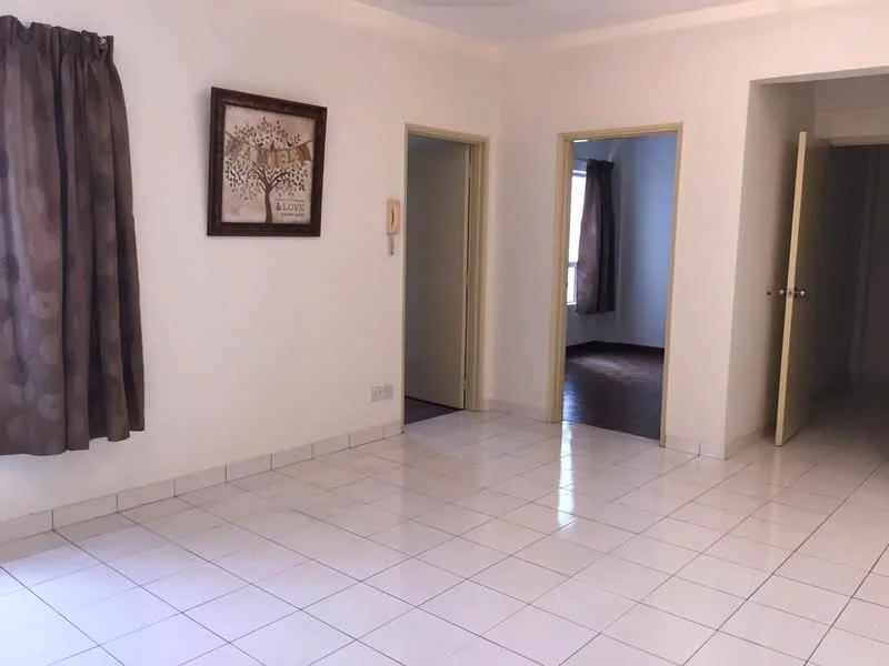Room features: white painted walls, glossy white tile flooring, curtains in brown with circular pattern, doorway leading to another room, doorway leading to a second room, natural light from windows, neutral color scheme, baseboards; style: modern.