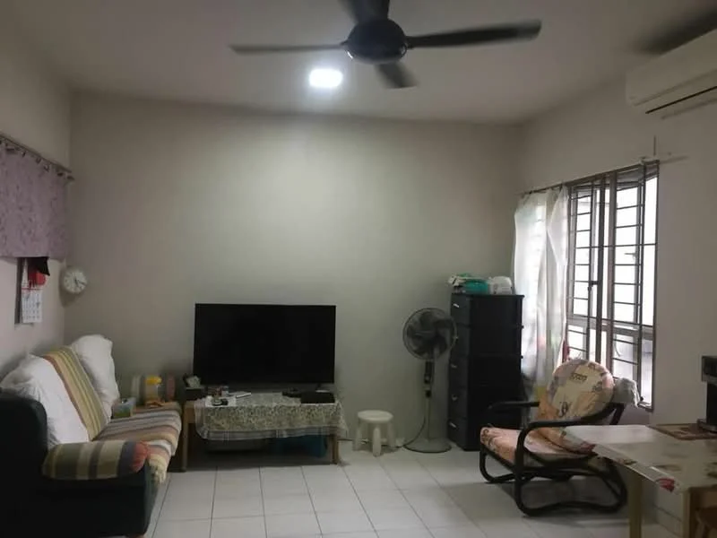 Living features: white painted walls, ceiling fan, recessed downlights, floor-to-ceiling windows, light-colored tiled flooring, black flat-screen TV, wooden coffee table, fabric sofa with striped pattern, black storage cabinet, plastic stool, armchair with cushion, wall-mounted air conditioning unit; style: modern.