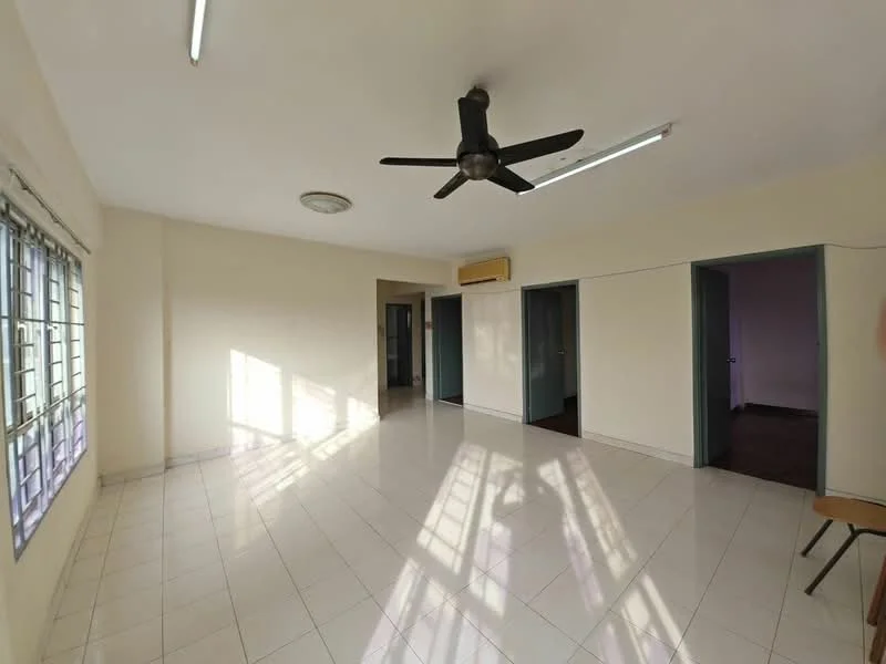 Room features: white painted walls, glossy ceramic tile flooring, 5-blade ceiling fan, recessed ceiling lights, large windows with metal grilles, natural light casting shadows, air conditioning unit on wall, doorways leading to other rooms; style: modern.