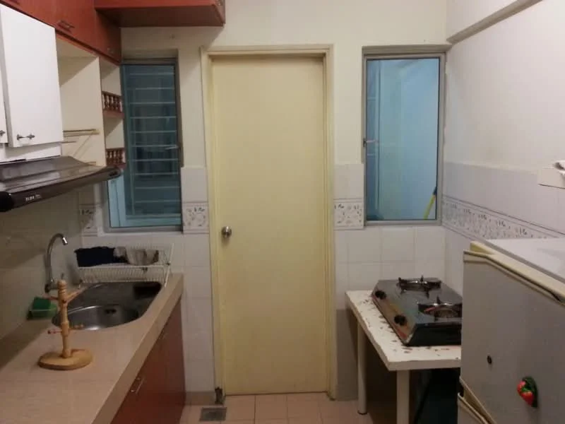 Kitchen features: single-bowl stainless-steel sink, chrome pull-down faucet, laminate countertop, white cabinetry, built-in gas stove, freestanding fridge, tile backsplash, white tiled walls, cream tiled flooring, window with metal grille, door to adjacent room.