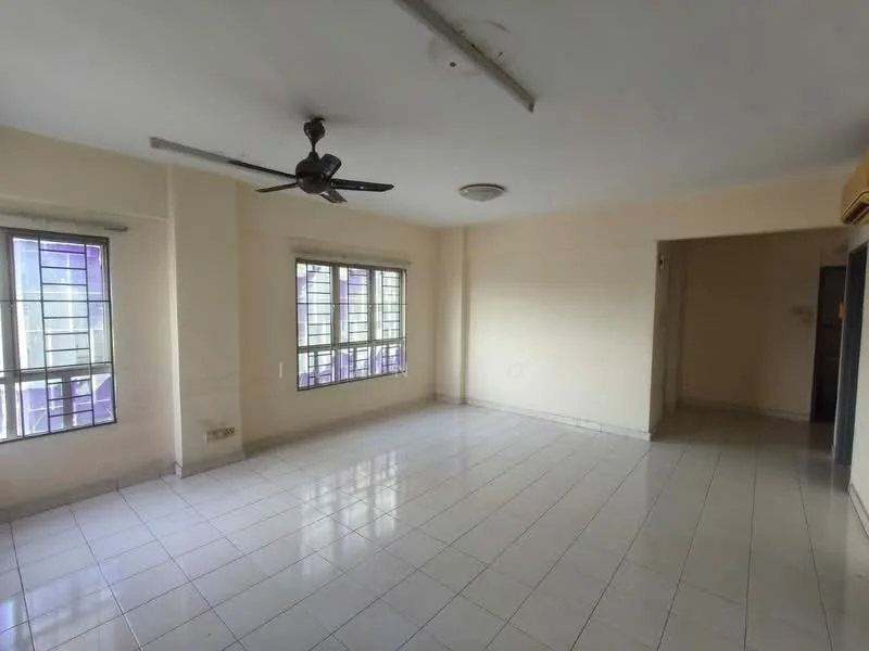 Living features: white painted walls, glossy ceramic tile flooring, ceiling fan, two floor-to-ceiling windows, neutral color scheme, recessed ceiling lights, open layout, corner space, no visible furniture; style: minimalist.