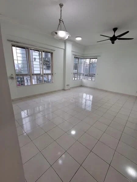 Living features: white painted walls, glossy ceramic tile flooring, 5-blade ceiling fan with light, recessed downlights, large windows with grid pattern, window treatments, neutral color scheme, open layout; style: modern; view: city.
