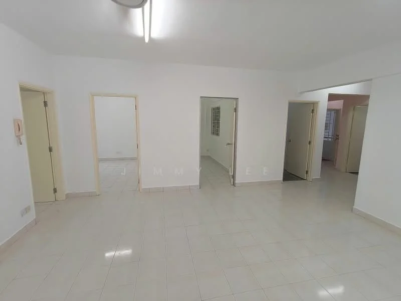 Room features: white painted walls, glossy ceramic tile flooring, ceiling lights, multiple doorways, neutral color scheme, large windows, no visible furniture, open layout; style: modern.