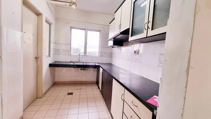 Kitchen features: black granite countertop, white cabinetry with glass-front upper cabinets, single-bowl stainless-steel sink, chrome pull-down faucet, ceramic tile flooring, white tiled walls, window with city view, built-in cabinets, kitchen backsplash with decorative tile, under-cabinet lighting; style: modern; view: city.
