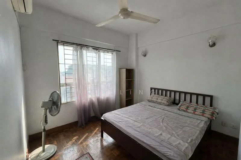 Bedroom features: wooden flooring, white painted walls, single bed with mattress, upholstered headboard, bedside lamps, floor-to-ceiling window, sheer curtains, ceiling fan, bookshelf, wall-mounted light fixtures; style: minimalist; view: city.