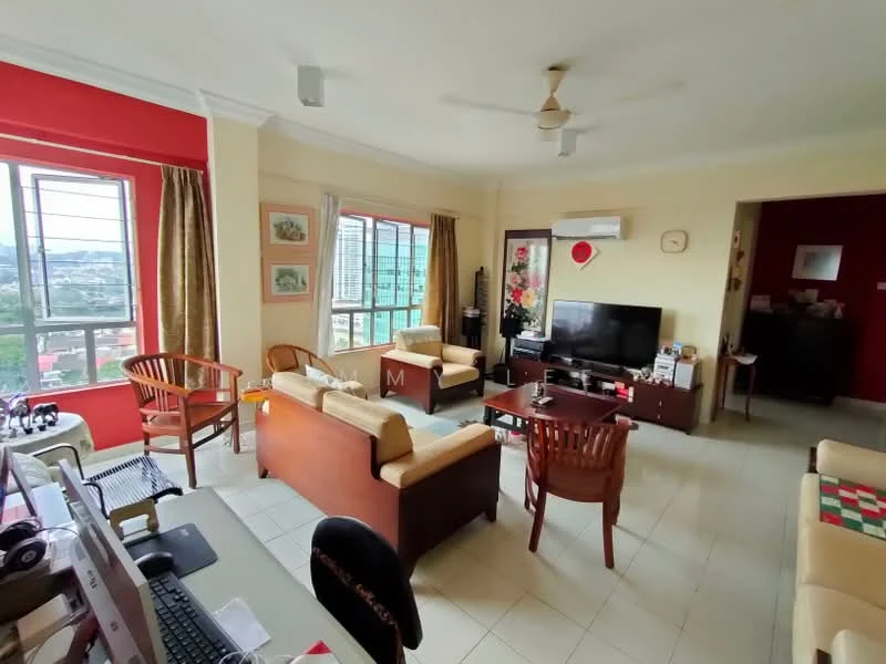 Living features: cream painted walls, red accent wall, white ceiling, 5-blade ceiling fan, floor-to-ceiling windows, curtains, 2-seater fabric sofa in beige, 3-seater fabric sofa in beige, wooden coffee table, TV console, wall-mounted TV, wooden armchair, decorative wall clock, area rug with geometric pattern; style: contemporary; view: city.