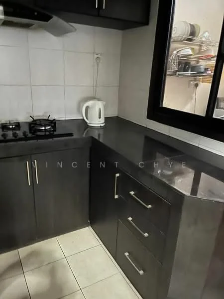 Kitchen features: black granite countertop, dark wood cabinetry, stainless-steel gas hob, kettle, double-bowl stainless-steel sink, wall-mounted shelves, white tiled backsplash, ceramic tile flooring; style: modern.