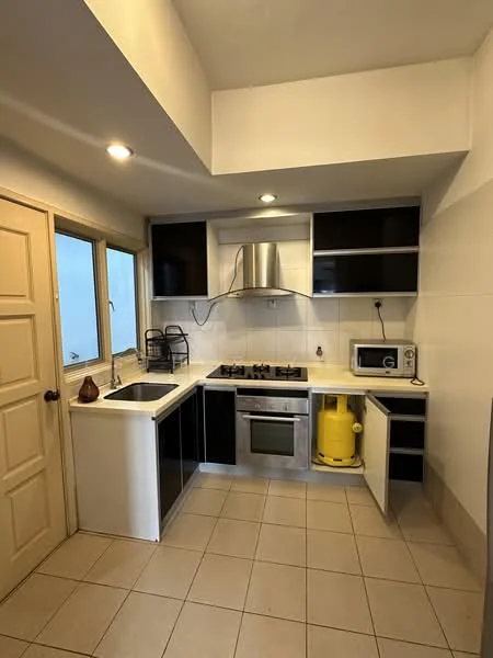 Kitchen features: white quartz countertop, black cabinetry, stainless-steel built-in oven, 4-burner gas hob, stainless-steel range hood, microwave, single-bowl stainless-steel sink, chrome pull-down faucet, tile flooring, wall-mounted cabinets, window with view, yellow gas cylinder, open shelving; style: modern.