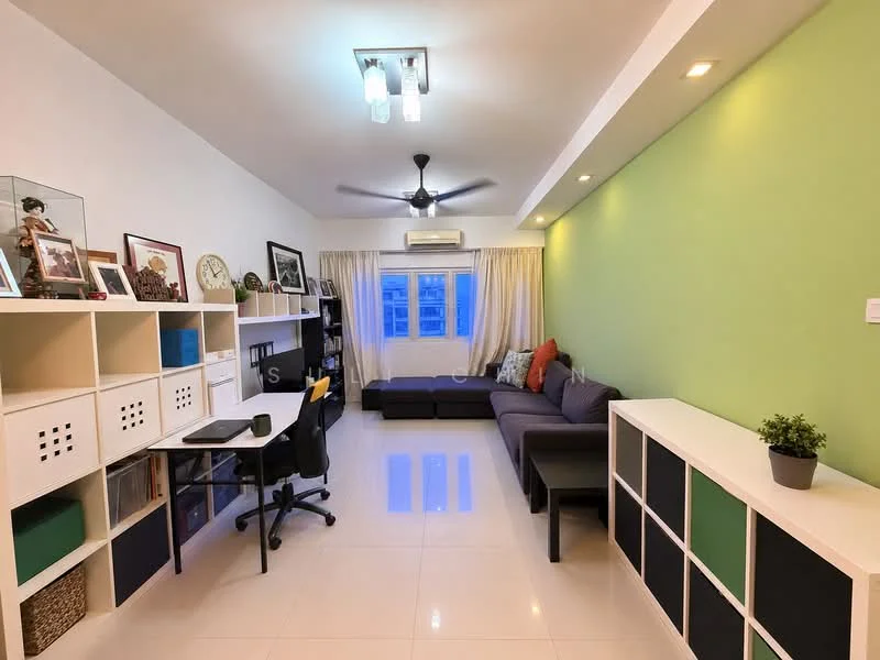 Living features: light grey sectional sofa, black coffee table, white shelving unit with open and closed storage, black office chair, desk with storage, floor-to-ceiling window with sheer curtains, white walls, green accent wall, ceiling fan with light, recessed downlights, tile flooring; style: modern.