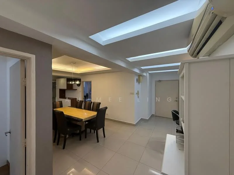 Dining features: rectangular dining table with six chairs, white walls, grey accent wall, recessed ceiling with skylights, tile flooring, wall-mounted air conditioning unit, open layout to kitchen, decorative lighting fixture; style: modern. Room features: white walls, tile flooring, doorway leading to another room, natural light from skylights.
