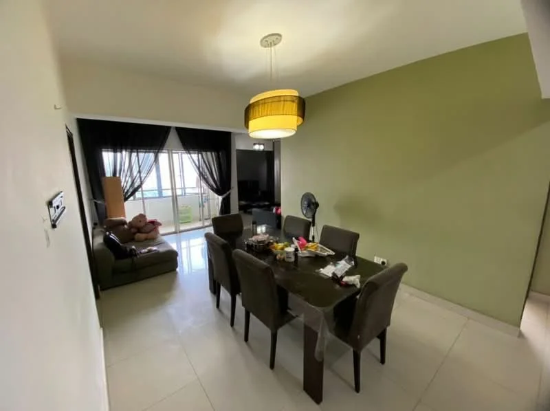 Dining features: dining table with 6 chairs, green accent wall, white painted walls, tile flooring, pendant light fixture, floor-to-ceiling windows, curtains, ceiling fan, decorative items on table, sofa in adjacent living area; style: modern; view: garden.