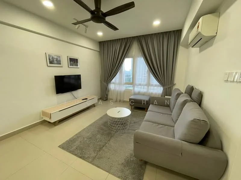 Living features: 3-seater fabric sofa in grey, coffee table, wall-mounted TV, TV console, area rug with geometric pattern, 5-blade ceiling fan with light, curtains, wall-mounted air conditioning unit, neutral painted walls, tile flooring; style: modern; view: city.