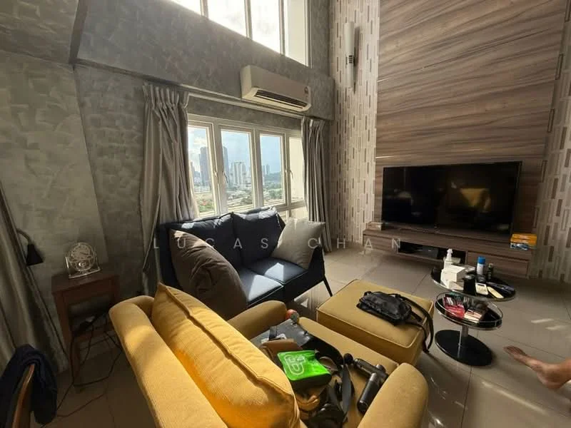 Living features: floor-to-ceiling windows, grey accent wall, wood paneling on feature wall, sofa in beige fabric, 2-seater fabric sofa in dark blue, coffee table, wall-mounted TV, air conditioning unit, decorative items on coffee table, tile flooring, curtains, city view from windows; style: modern; view: city.