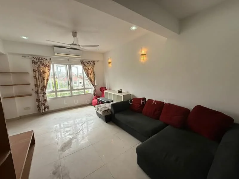 Living features: 5-blade ceiling fan with light, floor-to-ceiling windows, white painted walls, light-colored tile flooring, red and black sectional sofa, curtains with floral pattern, built-in shelving unit, wall-mounted air conditioning unit, decorative wall sconces; style: modern; view: city.