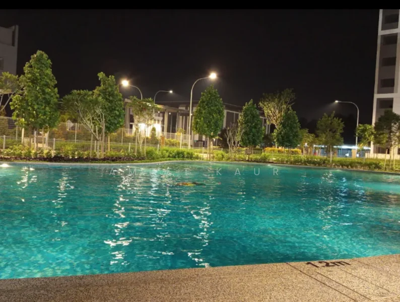 Exterior type: swimming pool deck; features: illuminated swimming pool, landscaped garden area, mature trees, pathway around pool, night lighting, fencing around pool area; style: modern.