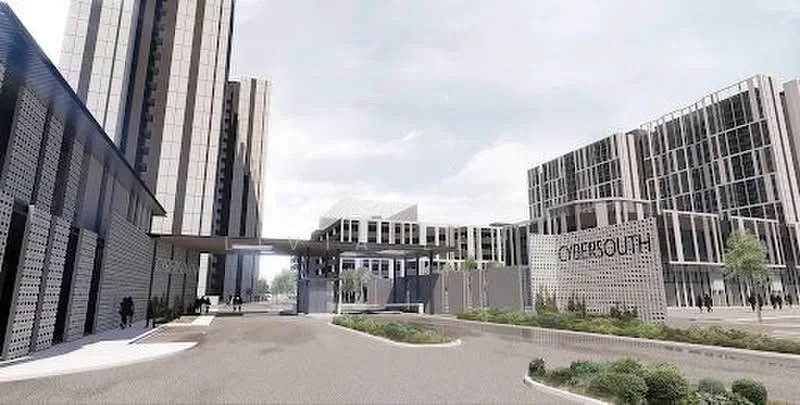 Exterior type: high-rise condominium; features: glass curtain wall, exposed concrete facade, manicured landscaping, paved driveway, multiple high-rise buildings, covered walkway, feature signage, surrounded by greenery; style: modern.
