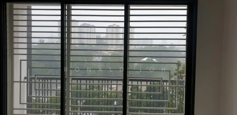Room features: sliding glass door, metal window grilles, city skyline view, greenery view, balcony railing; view: city.