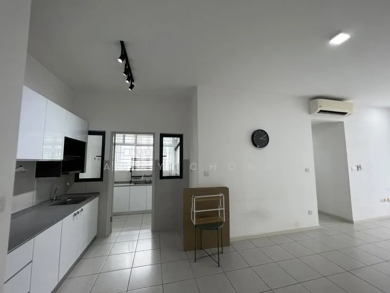 Kitchen features: white cabinetry, grey countertop, stainless-steel sink, chrome pull-down faucet, built-in oven, 4-burner gas hob, recessed LED downlights, wall-mounted split AC, tile flooring, window with black frame, open shelving; style: modern. Living features: white walls, tile flooring, clock on wall, recessed lighting, air conditioning unit, open layout; style: modern.