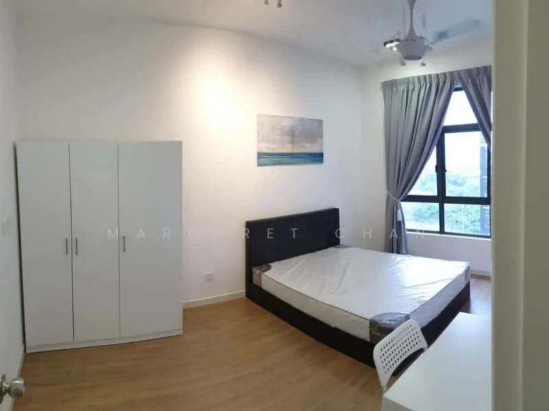 Bedroom features: queen-size bed, upholstered headboard, white painted walls, wooden flooring, floor-to-ceiling windows, grey curtains, white wardrobe, study desk, ceiling fan; style: modern; view: garden.