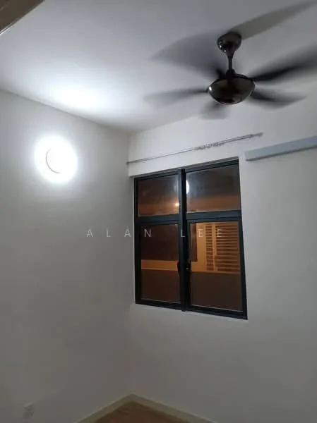 Room features: white painted walls, wooden flooring, ceiling fan, black framed window, roller blinds, light fixture on wall.