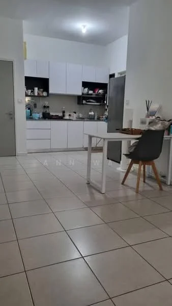 Kitchen features: white cabinetry, stainless-steel fridge, built-in oven, freestanding range oven, microwave, ceramic tile flooring, single-bowl stainless-steel sink, chrome pull-down faucet, countertop with breakfast bar, open shelving, wall-mounted cabinets, dining table with chairs, kitchen utensils visible; style: modern.
