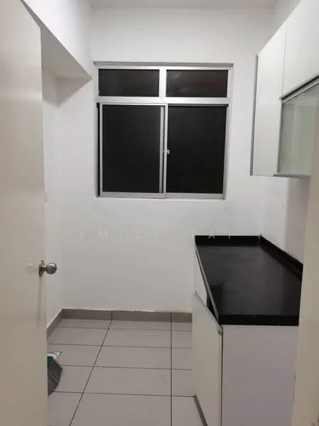 Room features: white painted walls, black countertop, white cabinetry, single window, grey tiled flooring.