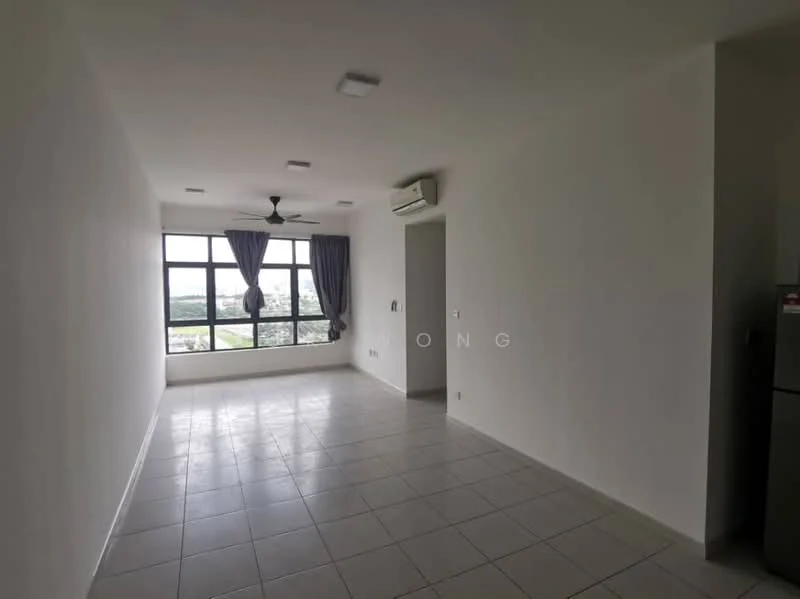 Living features: white painted walls, tile flooring, 5-blade ceiling fan with light, wall-mounted split AC, floor-to-ceiling windows, curtains, neutral decor, city view; style: modern; view: city.