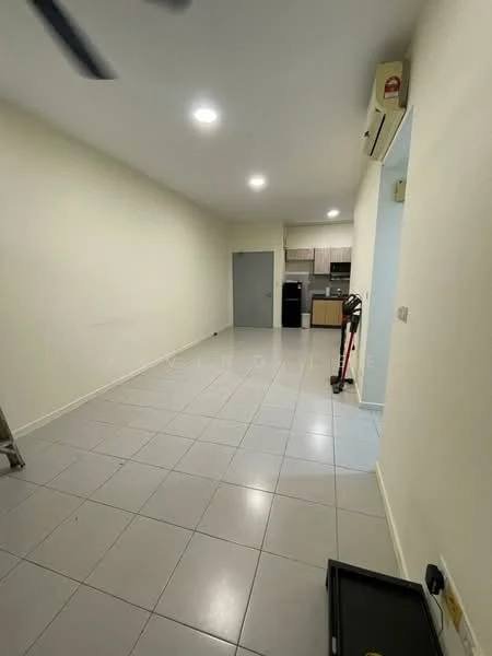 Living features: white painted walls, tile flooring, recessed downlights, 1 wall-mounted split AC, ceiling fan, door to kitchen, open space layout, neutral color scheme; style: modern. Kitchen features: kitchen cabinetry, black refrigerator, stainless-steel sink, countertop, oven, microwave; style: modern.