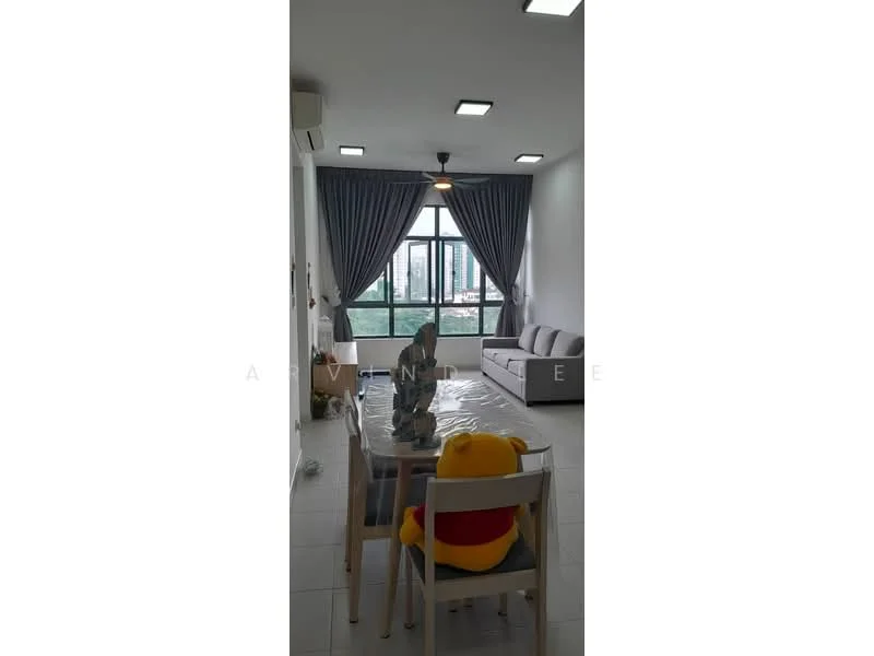 Living features: floor-to-ceiling windows, grey fabric sofa, dining table with chairs, pendant light, white walls, tile flooring, curtains, decorative sculpture, city view; style: modern; view: city.