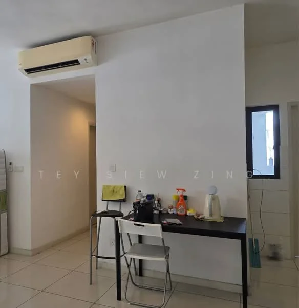 Room features: white painted walls, tile flooring, 1 wall-mounted split AC, small window, black table, white folding chair, kettle, cleaning supplies, bottle, tissue box; style: modern.