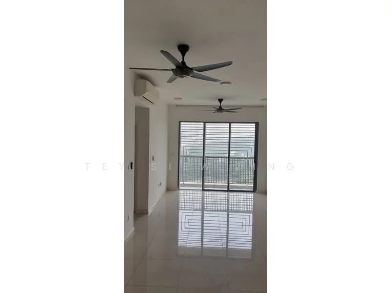 Living features: white painted walls, glossy tile flooring, 5-blade ceiling fan with light, wall-mounted split AC, floor-to-ceiling windows, sliding glass door, balcony view, recessed downlights; style: modern; view: city.