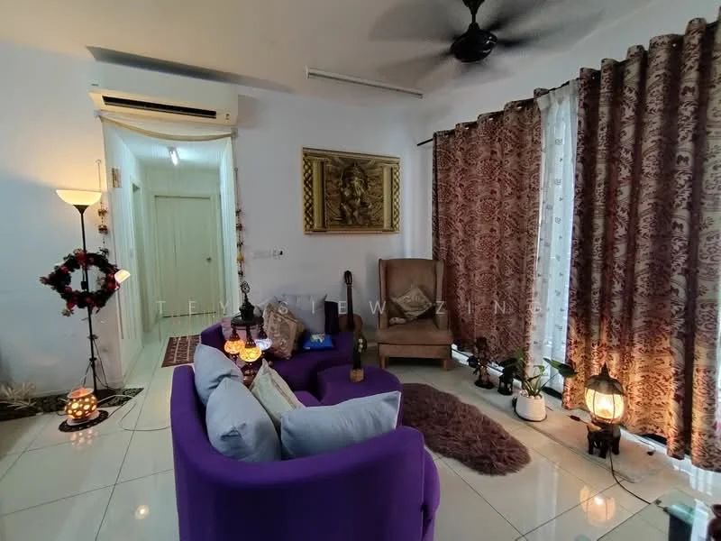 Living features: purple fabric sofa, 3-seater sofa, coffee table, area rug, floor lamp, wall-mounted air conditioning unit, ceiling fan, curtains with floral pattern, decorative wall art, potted plants, lanterns, tile flooring; style: modern.