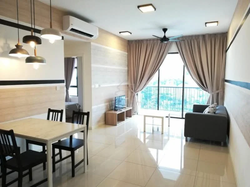 Living features: floor-to-ceiling windows, curtains, 3-seater fabric sofa in grey, coffee table, TV console, wall-mounted TV, ceiling fan, recessed LED downlights, cream painted walls, white tiled flooring, decorative wall with wood paneling; style: modern; view: city. Dining features: 4-seater dining table, black dining chairs, pendant lighting, white painted walls, wood panel accent wall; style: modern.