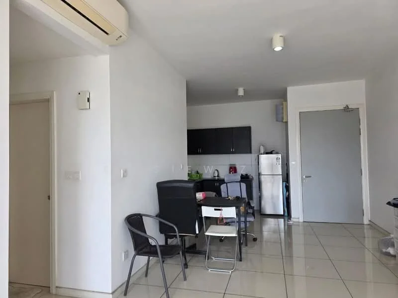 Living features: white painted walls, glossy tile flooring, 1 wall-mounted split AC, recessed downlights, dining table with chairs, black office chair, stainless-steel fridge, black kitchen cabinets, grey countertop, door leading to hallway, open layout, window with natural light; style: modern.