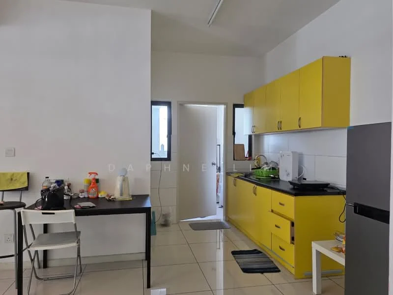 Kitchen features: yellow cabinetry, black countertop, stainless-steel sink, chrome faucet, white tiled backsplash, built-in stove, microwave, refrigerator, white walls, glossy floor tiles, window above sink, door leading to hallway; style: modern.