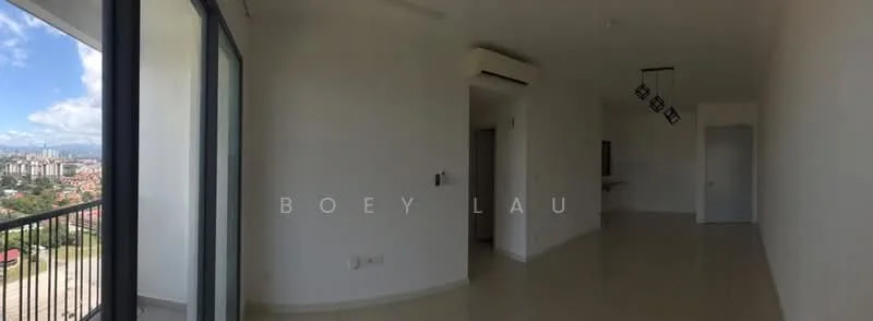 Room features: white painted walls, cream tiled flooring, floor-to-ceiling windows, sliding glass door, air conditioning unit, recessed lighting, open layout, city view from windows; style: modern; view: city.