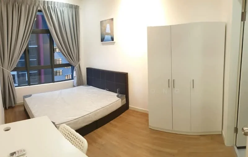 Bedroom features: queen-size bed frame without mattress, white painted walls, light wood flooring, floor-to-ceiling windows, grey curtains, white wardrobe with curved edges, study desk with white chair, decorative wall art; style: modern.